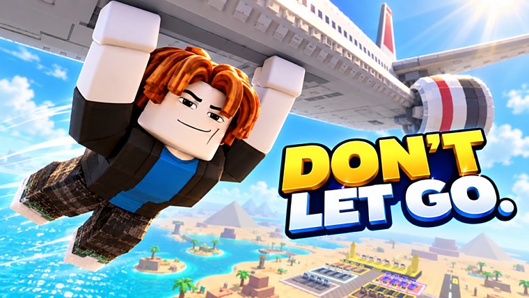 Official Catch a Plane Roblox thumbnail: a player hanging from a plane as it climbs past the pyramids